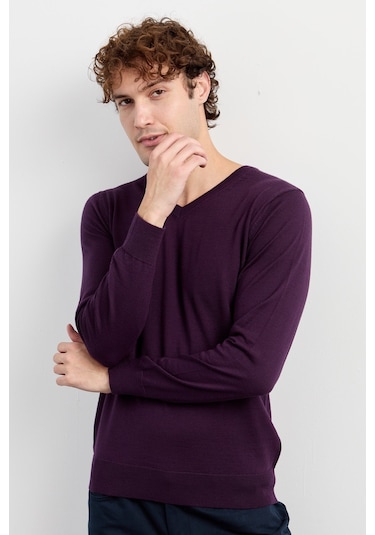 Erkek Basic V Yaka İnce Triko Kazak Mor Mor