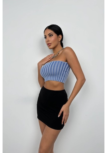 Straplez Fitilli Crop Mavi