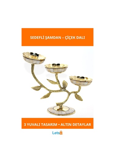 Pirinç Sedefli Şamdan 3'lü Altın Detaylarla Şık Dekor 1 Adet
