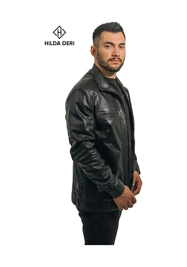 Hilda Deri Cengiz Khan Siyah Hakiki Deri Erkek Ceket 001
