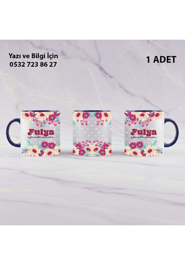 Çiçek Tasarımlı Öğretmenler Günü Hediyesi İsim Yazılı Özel Kupa Bardak -şık Görünümlü Hediyelik Lacivert