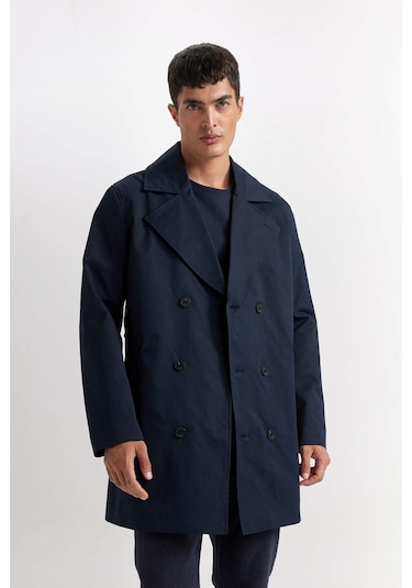 DeFacto Slim Fit Dar Kesim Düğmeli Kemerli Trençkot D5528AX25SPNV253 Lacivert