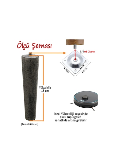 8 Adet Ahşap Ayak 15 Cm Siyah M8 Civatalı Bağlantı Aparatlı Dolap Mobilya Koltuk Kanepe Destek Ayağı Ayakları Siyah