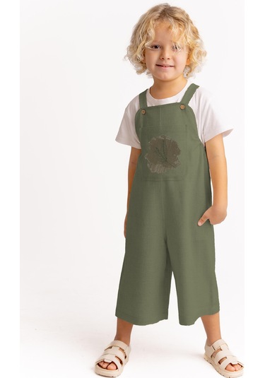 Unisex Tüğ Nakışlı Keten Salopet Haki Haki