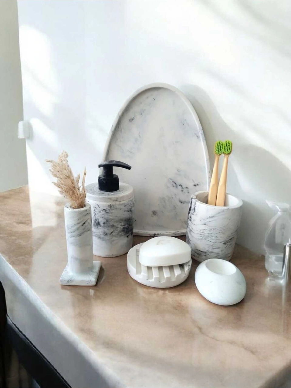 6'lı Mermer Desen Beton Banyo Seti ,sıvı Sabunluk Diş Fırçalığı Aksesuar Takım Gri