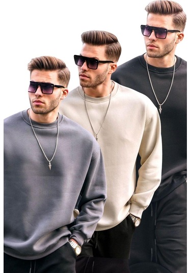 Madmext Füme/bej/siyah Bisiklet Yaka Oversize Şardonlu Basic Erkek 3'lü Paket Sweatshirt E7448 Füme/bej/siyah