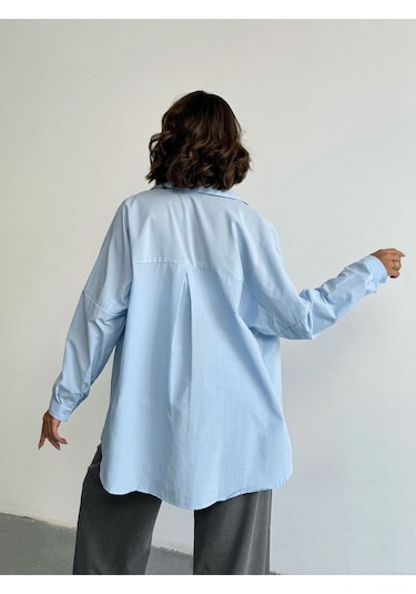 Kadın Oversize Uzun Basic Gömlek Mavi