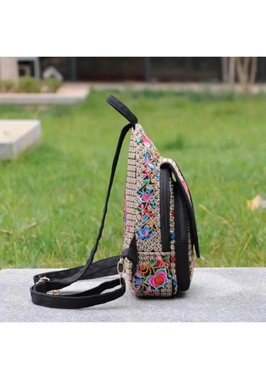 Yogodlns El Yapımı Işlemeli Tasarım Kanvas Sırt Çantası Kadın Küçük Etnik Sırt Çantası Sırt Çantası Kadın Seyahat Çok Fonksiyonlu Omuz Göğüs Çantası Renk