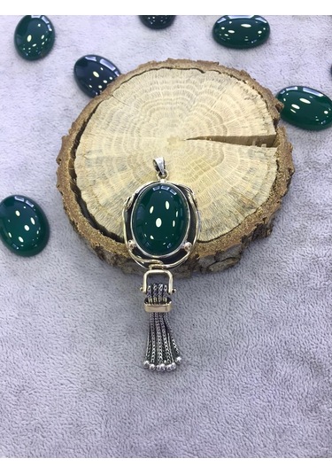 Yeşil Akik Taşlı Gümüş Kolye 925 Ayar 512655437