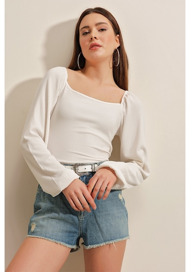 Bigdart 0465 Balon Kollu Örme Bluz - Beyaz 001
