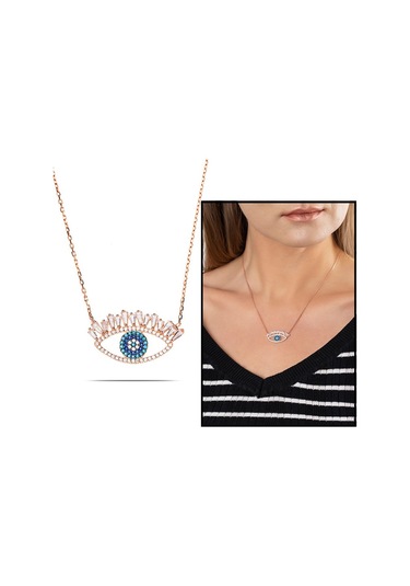 Zirkon-Turkuaz Taşlı Rose Renk 925 Ayar Gümüş Göz Kolye (459601982)