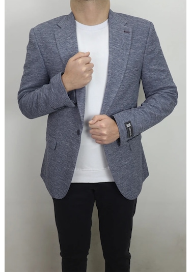 Moda Dmctekstil Erkek Kırçıllı İtalyan Kesim Dar Kalıp Tek Düğme Çift Yırtmaçlı Blazer Ceket Lacivert
