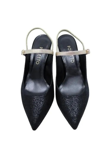 Poletto Hakiki Deri Sıyah-altın Ayakkabı Stiletto 9841 88-1344 Siyah