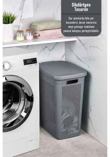 İronika Slim İki Bölmeli Kapaklı Dekoratif Kirli Çamaşır Sepeti 90 Litre Gri - Beyaz Gri