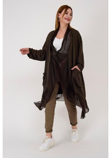 Italyan Ipek Detaylı Oversize Kaftan & Bluz-8711 Koyu Kahve