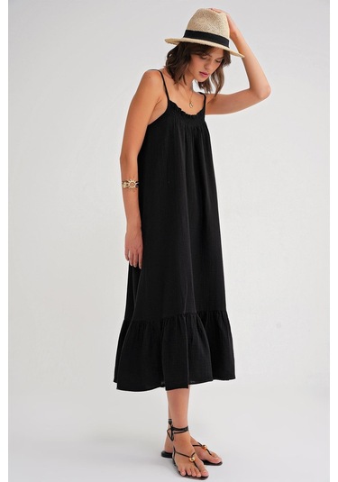 4740 Kadın Askılı Müslin Midi Elbise Siyah Siyah