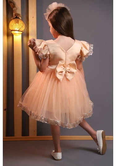 Kız Çocuk Tül Beyaz Pembe Kırmızı Tokalı Prenses Doğum Günü Bayram Abiye Mezuniyet Şık Elbise Bej