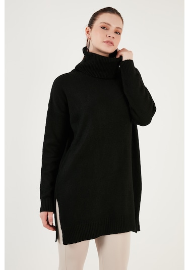 Lela Regular Fit Yanları Yırtmaçlı Boğazlı Yaka Uzun Triko Bayan Kazak 4616141Y Siyah