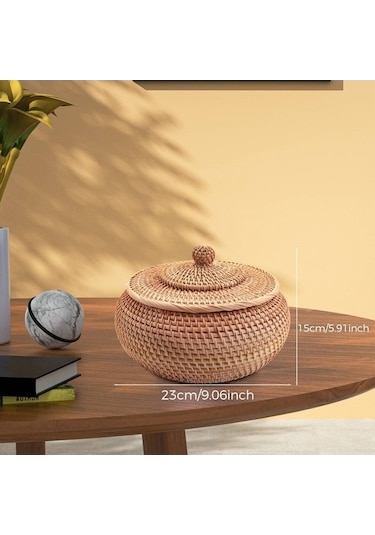 Bosphorusboutique02 Yuvarlak Rattan Sepet, Kapaklı Hasır Meyve Ekmek Kutusu, Rustik Atıştırmalık Kase Diğer