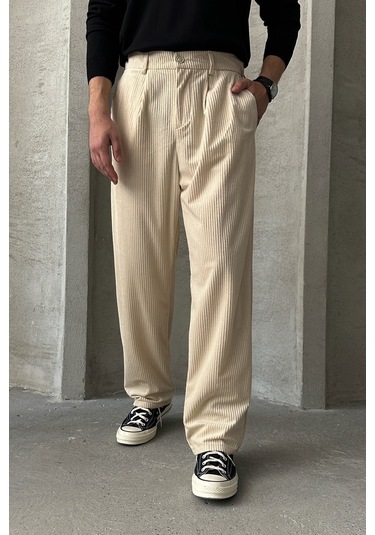 Erkek Pileli Baggy Kalıp Kadife Pantolon Krem