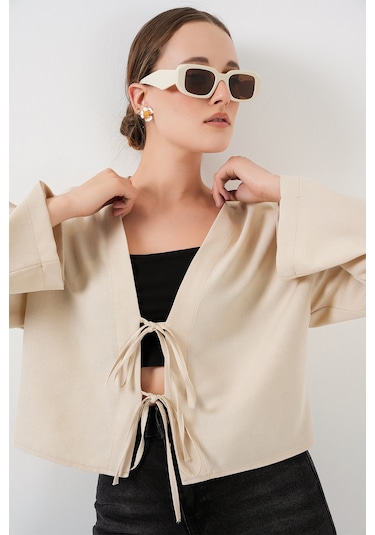 Bigdart Önü Bağlamalı Keten Kimono 960 - Krem