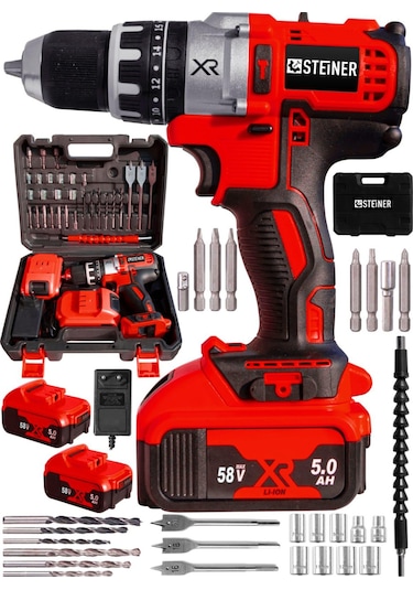 Steiner XR 58 V 5 Ah Darbeli Li-ion Çift Akülü Şarjlı Vidalama Matkap  + 30 Parça Pro Usta Seti