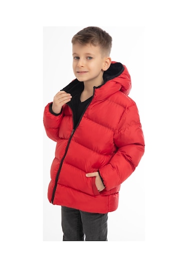 Erkek Çocuk Kırmızı İçi Polarlı Kapüşonlu Su Geçirmez Rüzgara Dayanıklı Şişme Kışlık Mont Kırmızı