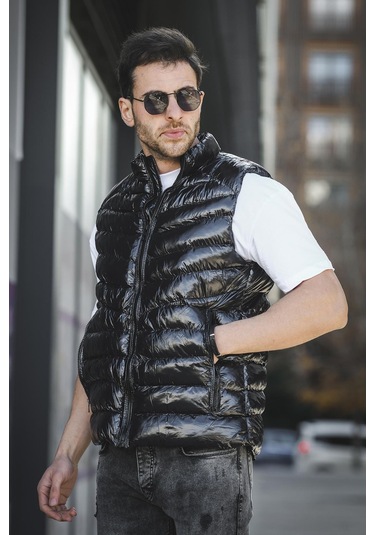 Bl 1696 Slim Fit Extra Parlak Dik Yaka Erkek Şişme Yelek Siyah