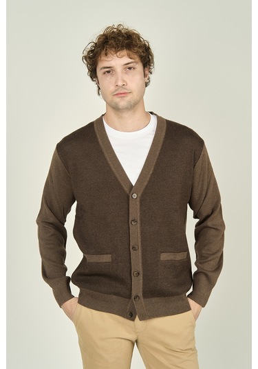 Ateş Triko Erkek Cep Detaylı V Yaka Yün Hırka 4490 Vizon Vizon