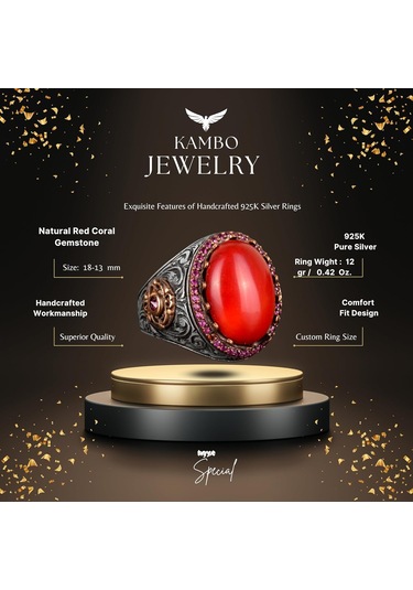 Gerçek Doğal Koral Taş Yüzük, 925 Ayar Gümüş Yüzük, Oval Kırmızı Koral Yüzük Gümüş