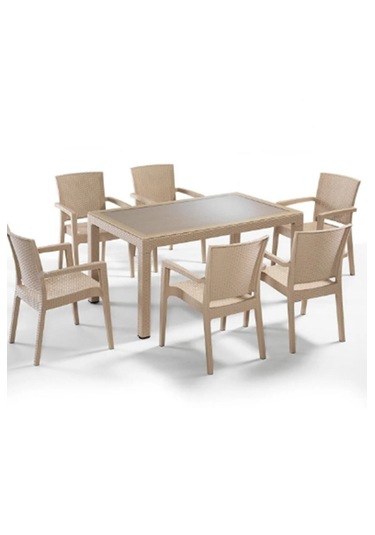 6 Adet Victor Koltuk 90x150 Camlı Masa Set Kapuçino