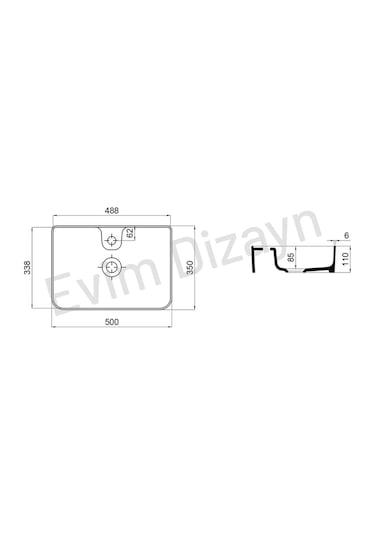 Mestola Tezgah Üstü Kare Çanak Lavabo Batarya Delikli 50 X 35 Cm Beyaz