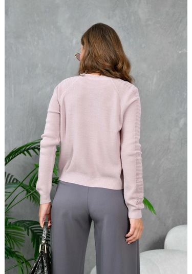 Kadın Bisiklet Yaka Kolları Ajurlu Basic Triko Kazak Pudra