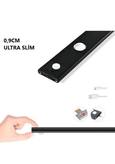 60 Cm Hareket Sensörlü 3 Renk Usb Şarj Dim Edilebilir Aplik Siyah