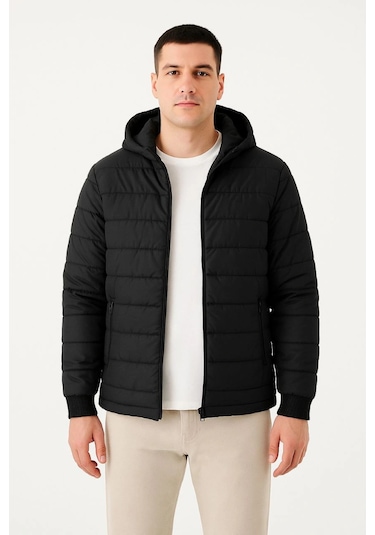 Ertaştrendstore Erkek Şişme Kapüşonlu Fermuarlı Mont Su İtici Kapitone Cepli Ceket - Siyah Çoklu Renk