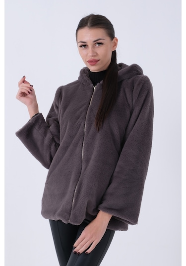 Feminist Gri Fermuarlı Oversize Kapüşonlu Çift Cepli Peluş Mont 0108078.06 Gri