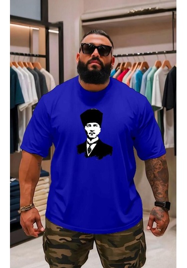 Atatürk Baskılı Oversize Unisex Tişört Saks Mavisi