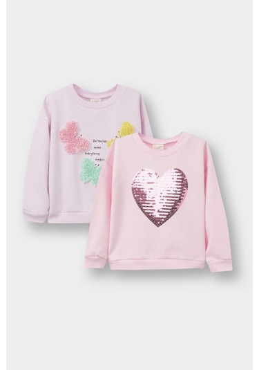 Defacto Kız Bebek Bisiklet Yaka Baskılı İçi Yumuşak Tüylü 2li Sweatshirt E8922a525aupn441 Pembe