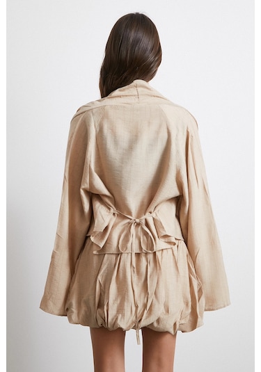 Geniş Kol Önden Bağlamalı Bluz Bej Bej