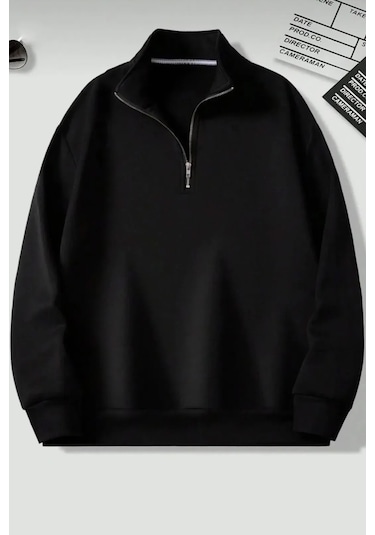 Dik Yaka Yarım Fermuarlı Düz Kazak Sweatshirt Siyah