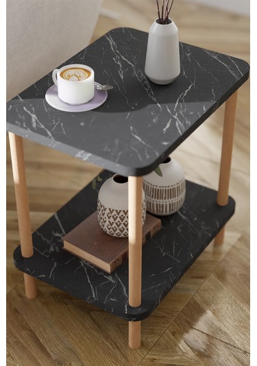 2 Raflı Yan Sehpa Geniş Gazetelik Kitaplık Çiçeklik -siyah