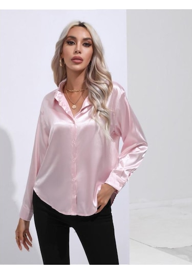Pembe İlkbahar Ve Sonbahar Kadın Gömlek Saten Gömlek Mizaç Banliyö Uzun Kollu Üst Pembe