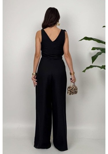 Élan Kadın Siyah Drapeli Detaylı Tulum Dokulu Kumaş Şıklığı Siyah