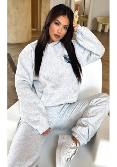 Kelebek Kışlık Eşofman Takımı - Gri Baskılı Kapüşonlu Oversize Gri