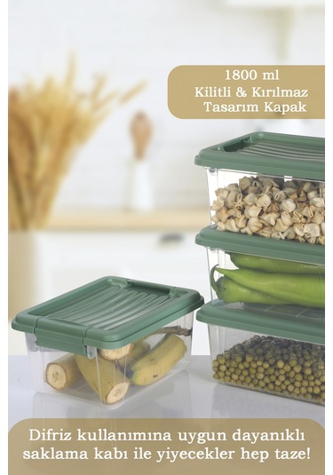 4'lü Set - 1800 Ml Kilit Kapaklı Erzak Saklama Kabı Difriz Buzdolabı Düzenleyici Saklama Kutusu Mint Yeşil