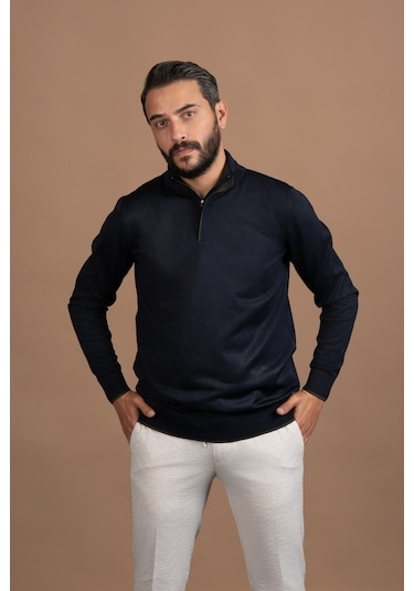 Fermuarlı Balıkçı Yaka Polyamid Kumaş Mevsimlik Triko Kazak Lacivert