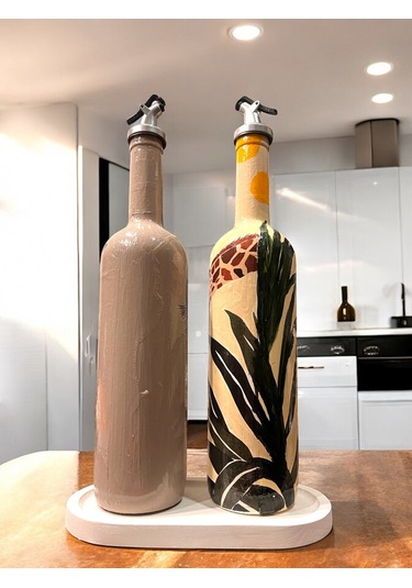 El Yapımı Dekoratif Yağdanlık, Afro Kadın Ve Tropikal Yaprak Desenli Zeytinyağı, Sirkelik, Sosluk Se Barok