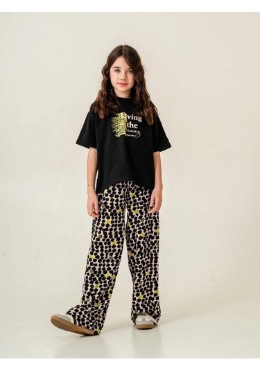 Kız Çocuk Pamuklu Desenli Pantolonlu Takım-15883 Siyah