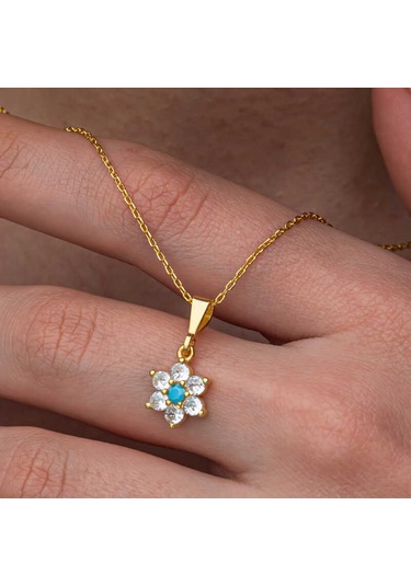 Blackcraft Gümüş Mavi Taşlı Gold Çiçek Kadın Kolye Bc-e74b06 Renkli
