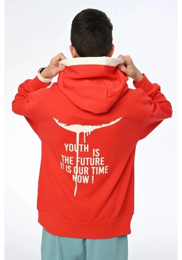 Çocuk 2 İplik Kumaş Pamuklu Sırtı Yazı Detaylı Kapüşonlu Tasarım Sweatshirt-13541 Kırmızı